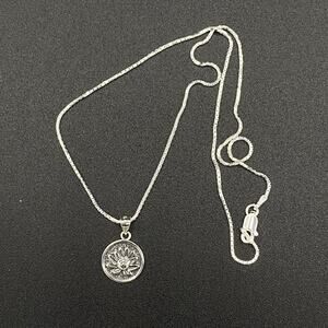 Lotus Flower Sterling Silver Disc Pendant Necklace